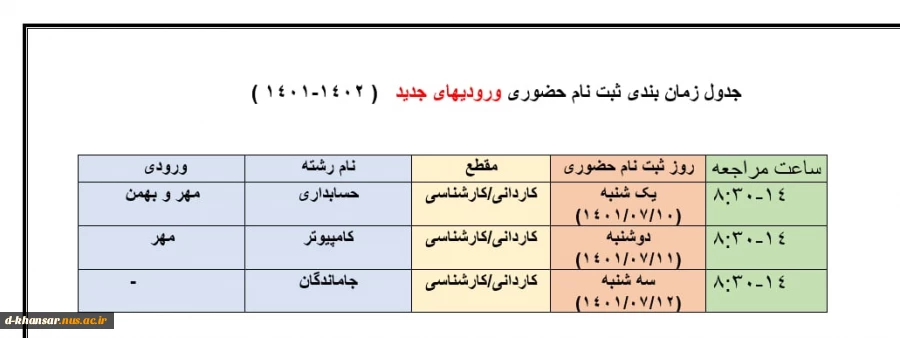 جدول زمانبندی ثبت نام حضوری ورودی های جدید 2